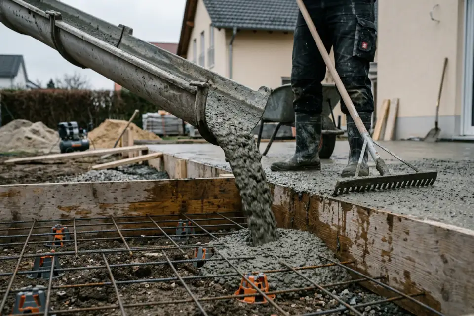 Fertigbeton wird für eine Bodenplatte eingefüllt