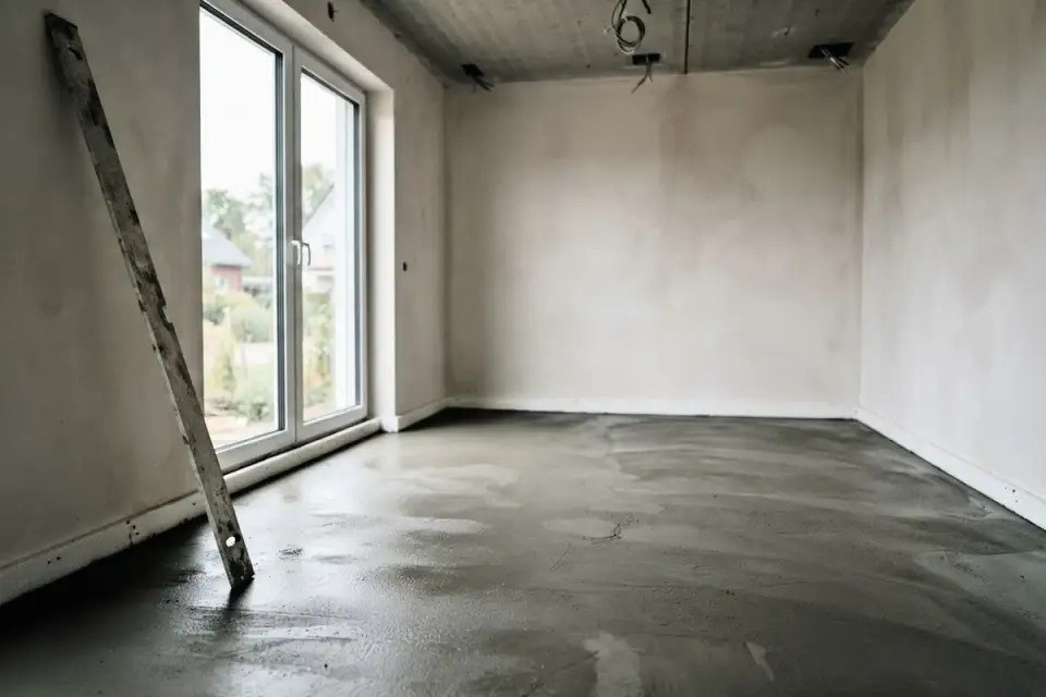 Frisch abgezogener Zementestrich in einem Raum