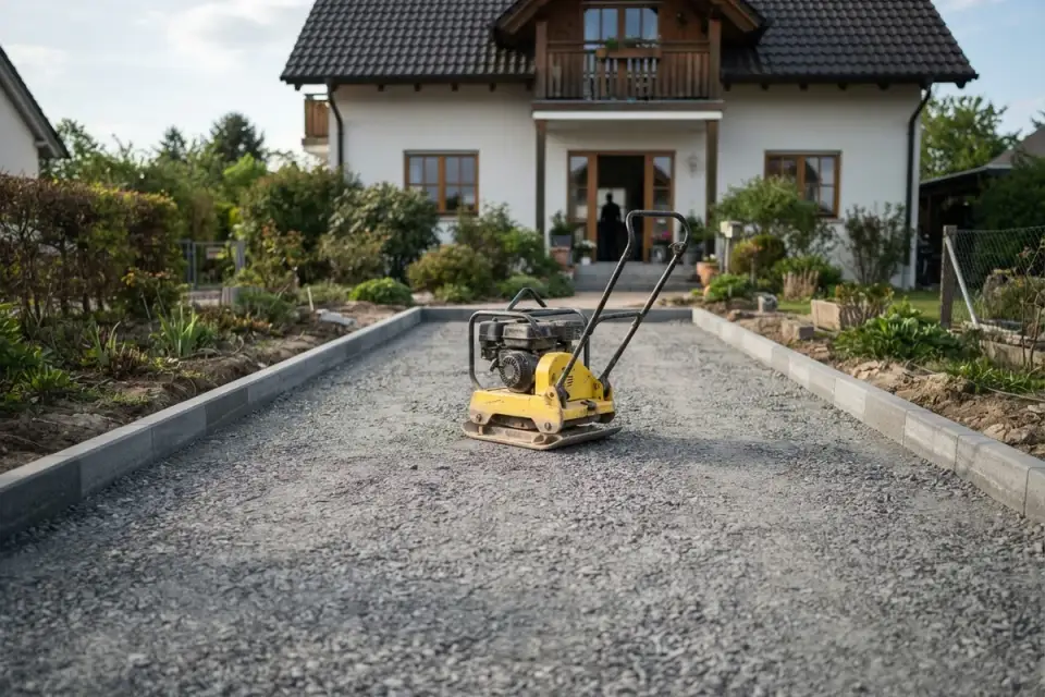 Verdichtete Schotter-Tragschicht für eine Einfahrt