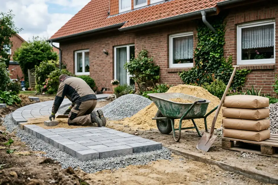 Gartenweg im Bau: Pflastersteine auf einem Splittbett, daneben Sand, Splitt und Zementsäcke